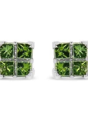 Green Diamond 4 Cluster Stud Earrings - Sterling Silver